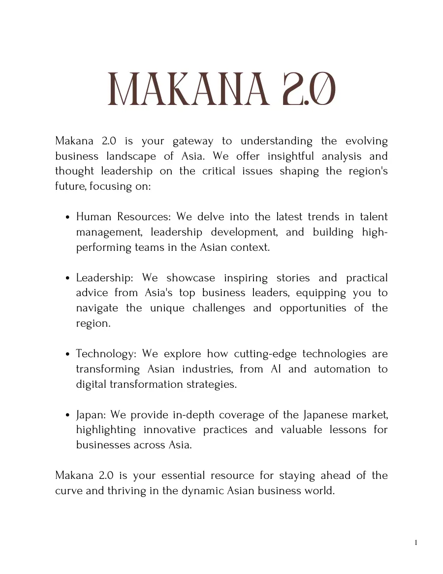 Page introducing Makana 2.0 as a gateway to the evolving business landscape of Asia, covering human resources, leadership, technology and Japan
