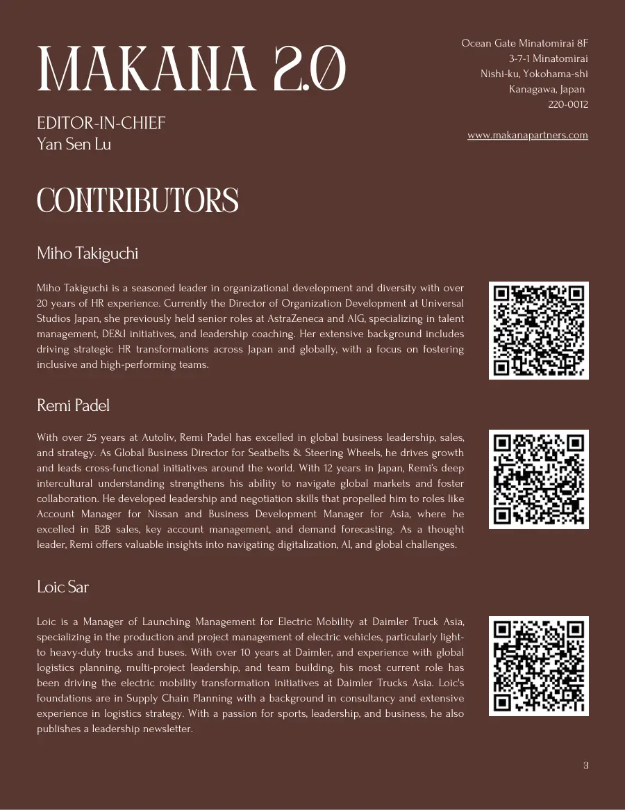 Masthead and contributors page with bios of Miho Takiguchi, Remi Padel and Loic Sar, and the Makana Partners address