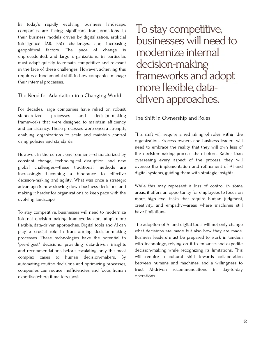Article text on the need for adaptation and the shift in ownership and roles, with a pull quote on modernizing decision-making
