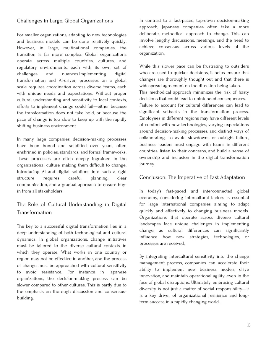 Article text on challenges in global organizations, cultural understanding in digital transformation and the conclusion