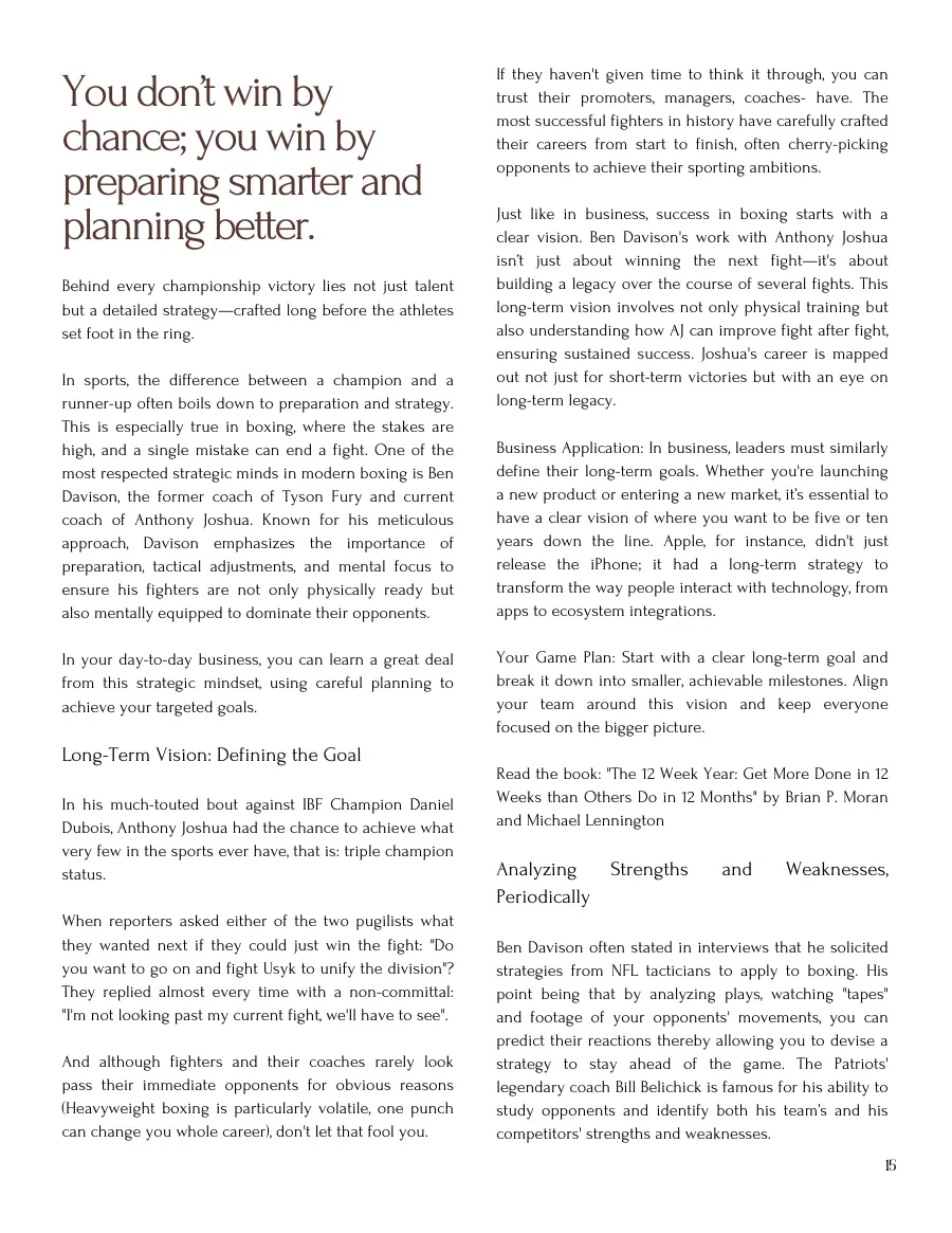 Article page on boxing coach Ben Davison, long-term vision and analyzing strengths and weaknesses, with a pull quote on preparing smarter