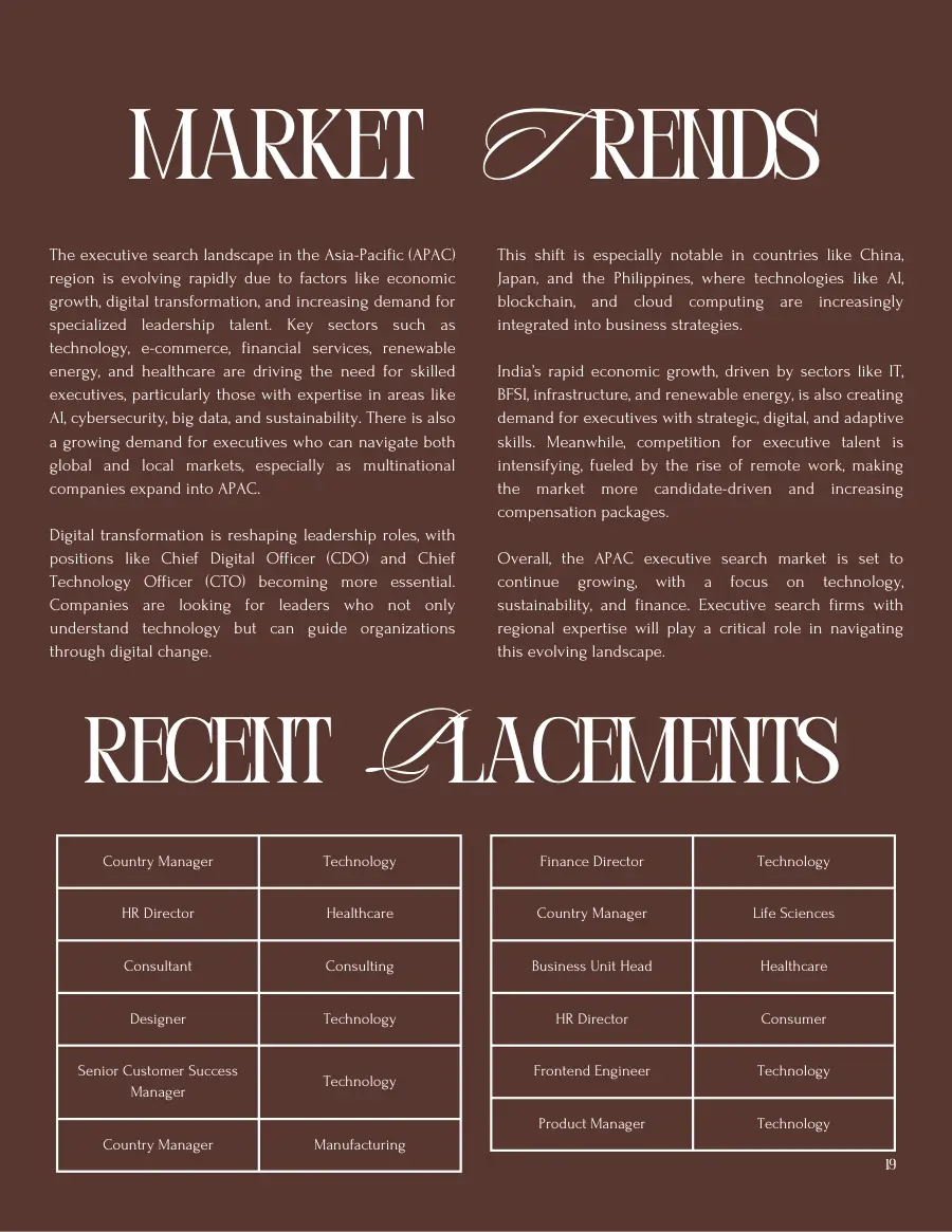 Market Trends text on APAC executive search and a Recent Placements table of twelve roles and industries